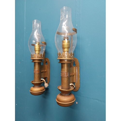 559 - Pair of early 20th C. wall lights with glass shades. {33 cm H x 9 cm W x 11 cm D}.