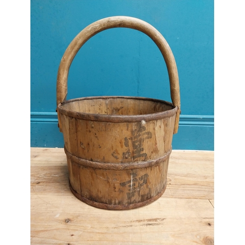 560 - 19th C. metal bound log bucket with handle. {44 cm H x 40 cm Dia.}.