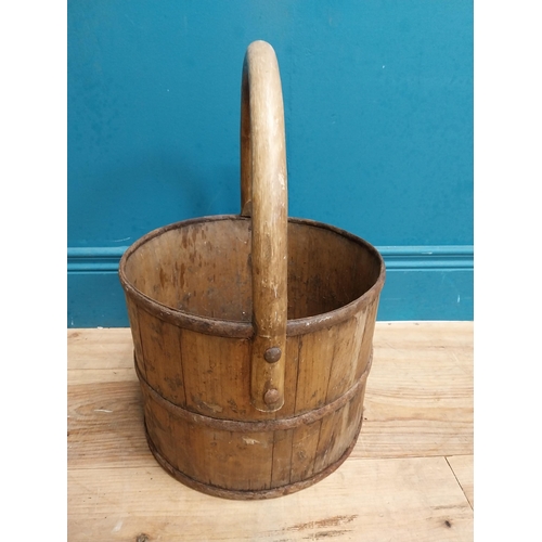 560 - 19th C. metal bound log bucket with handle. {44 cm H x 40 cm Dia.}.