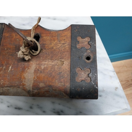 571 - 19th C. oak and metal lock with original key. {4 cm H x 26 cm W x 16 cm D}