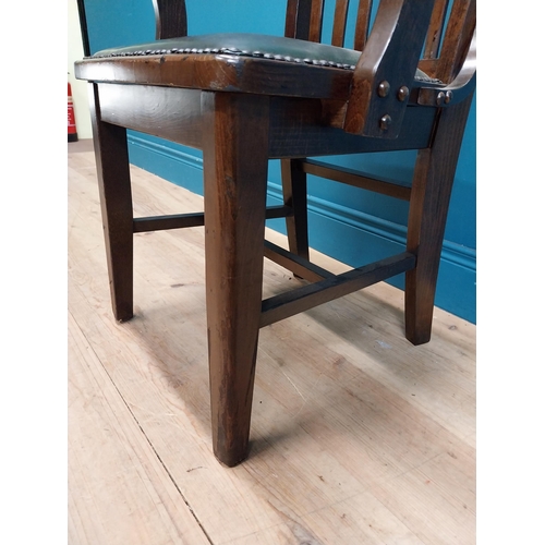 58 - 1940's oak desk chair with upholstered leather seat. {90 cm H x 55 cm W x 40 cm D}.