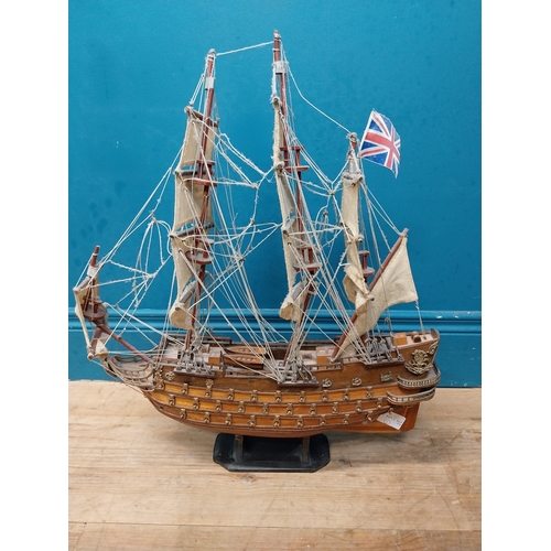 582 - Wooden model of Sfelife Galleon mounted on base. {56 cm H x 48 cm W x 17 cm D].