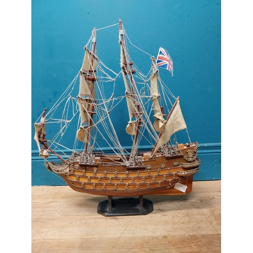 582 - Wooden model of Sfelife Galleon mounted on base. {56 cm H x 48 cm W x 17 cm D].