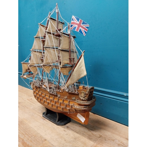 582 - Wooden model of Sfelife Galleon mounted on base. {56 cm H x 48 cm W x 17 cm D].