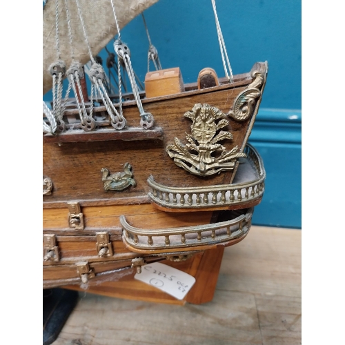 582 - Wooden model of Sfelife Galleon mounted on base. {56 cm H x 48 cm W x 17 cm D].