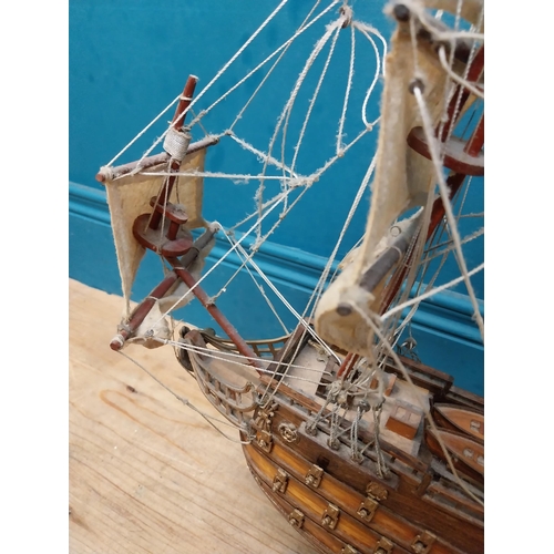 582 - Wooden model of Sfelife Galleon mounted on base. {56 cm H x 48 cm W x 17 cm D].