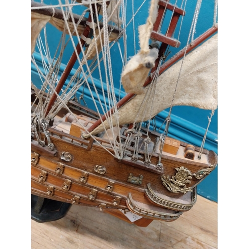 582 - Wooden model of Sfelife Galleon mounted on base. {56 cm H x 48 cm W x 17 cm D].