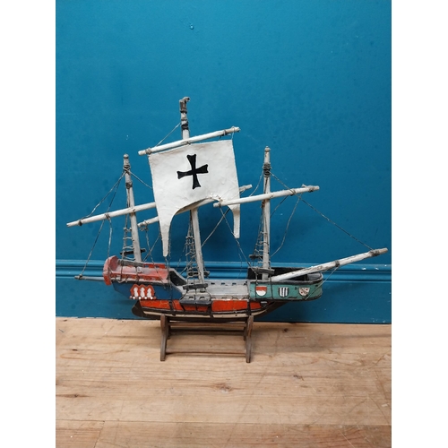 583 - Wooden model of a Galleon on base. {50 cm H x 63 cm W x 13 cm D}.