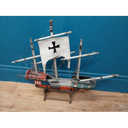 583 - Wooden model of a Galleon on base. {50 cm H x 63 cm W x 13 cm D}.