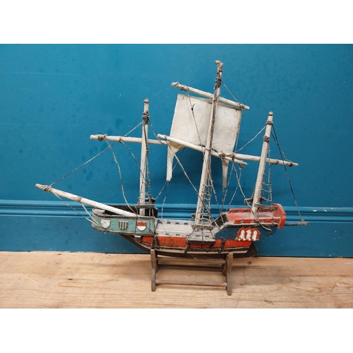 583 - Wooden model of a Galleon on base. {50 cm H x 63 cm W x 13 cm D}.