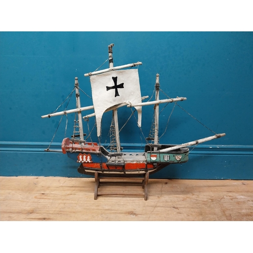 583 - Wooden model of a Galleon on base. {50 cm H x 63 cm W x 13 cm D}.