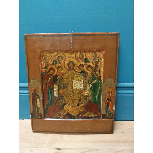 586 - Rare 18th C. Russian Icon Deisis and Saints oil on board. {32 cm H x 27 cm W}.