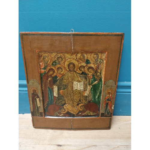 586 - Rare 18th C. Russian Icon Deisis and Saints oil on board. {32 cm H x 27 cm W}.