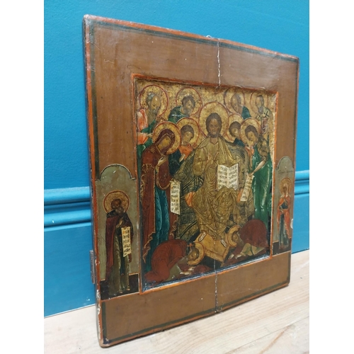 586 - Rare 18th C. Russian Icon Deisis and Saints oil on board. {32 cm H x 27 cm W}.