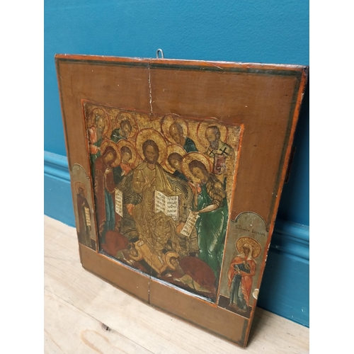 586 - Rare 18th C. Russian Icon Deisis and Saints oil on board. {32 cm H x 27 cm W}.