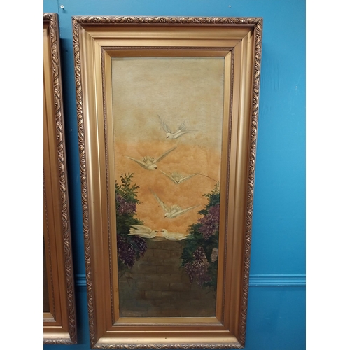 591 - Pair of 20th C. framed oil on canvas paintings  Doves. {123 cm H x 36 cm W}.