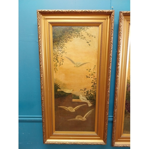 591 - Pair of 20th C. framed oil on canvas paintings  Doves. {123 cm H x 36 cm W}.