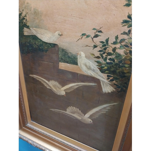 591 - Pair of 20th C. framed oil on canvas paintings  Doves. {123 cm H x 36 cm W}.