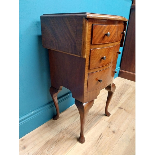 592 - 1950's mahogany drop leaf side table with three drawers. {73 cm H x 42 cm W x 34 cm D}.