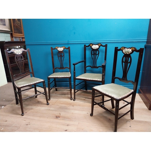 595 - Set of three Art Nouveau mahogany and upholstered chairs and open armchair. Chairs {94 cm H x 42 cm ... 