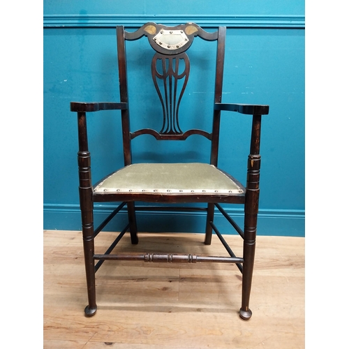 595 - Set of three Art Nouveau mahogany and upholstered chairs and open armchair. Chairs {94 cm H x 42 cm ... 