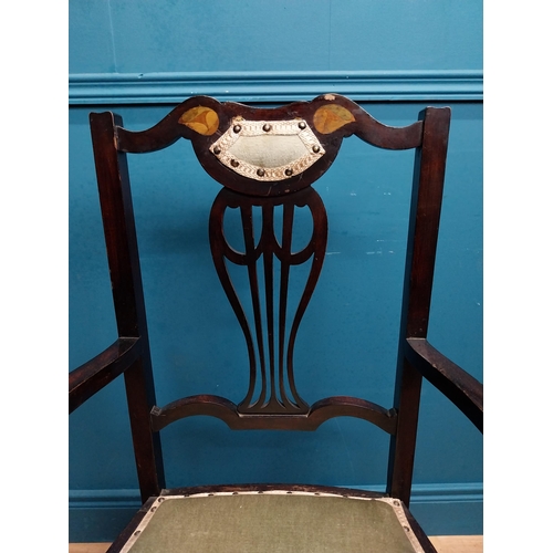 595 - Set of three Art Nouveau mahogany and upholstered chairs and open armchair. Chairs {94 cm H x 42 cm ... 