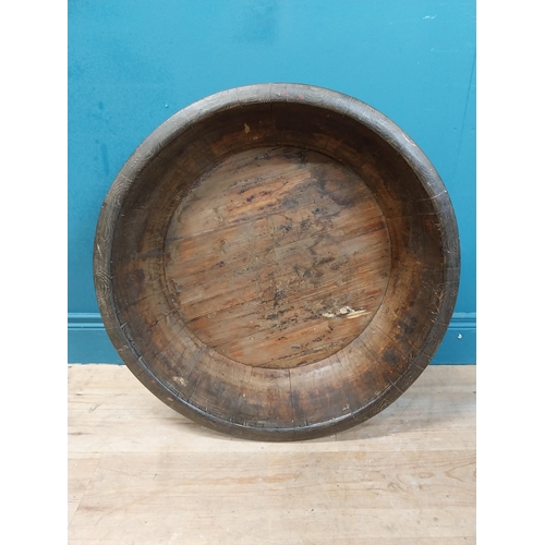 596 - Large early 20th C. wooden bowl with twisted metal banding. {20 cm H x 70 cm Dia.}