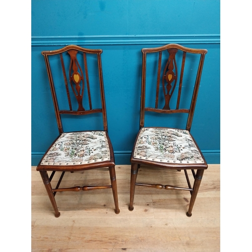 597 - Pair of Edwardian mahogany and upholstered side chairs. {98 cm H x 44 cm W x 40 cm D}.