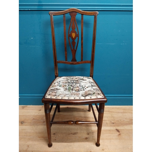 597 - Pair of Edwardian mahogany and upholstered side chairs. {98 cm H x 44 cm W x 40 cm D}.