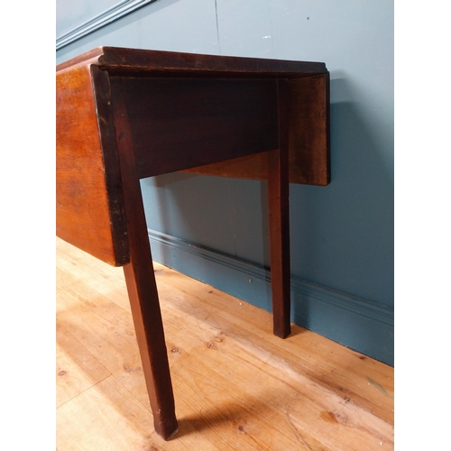 603 - Georgian mahogany drop leaf table with single drawer on square legs. {71 cm H x 91 cm W x 55 cm D}