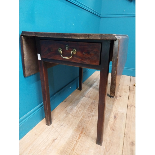 603 - Georgian mahogany drop leaf table with single drawer on square legs. {71 cm H x 91 cm W x 55 cm D}