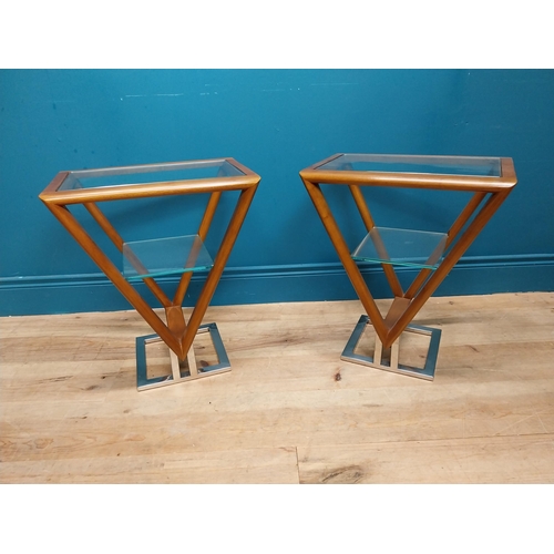 61 - Pair of exceptional quality teak and chrome side tables with glass insert, in the Art Deco style {65... 