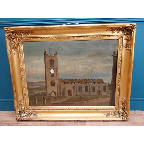 616 - Rare 19th C. oil on canvas depicting church and clock tower with built in clock mounted in gilt fram... 