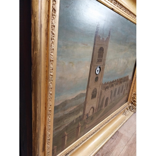 616 - Rare 19th C. oil on canvas depicting church and clock tower with built in clock mounted in gilt fram... 