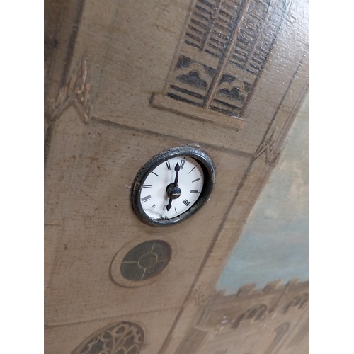 616 - Rare 19th C. oil on canvas depicting church and clock tower with built in clock mounted in gilt fram... 