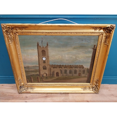 616 - Rare 19th C. oil on canvas depicting church and clock tower with built in clock mounted in gilt fram... 