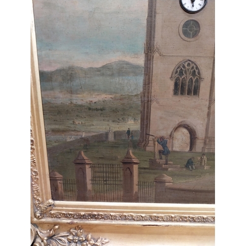 616 - Rare 19th C. oil on canvas depicting church and clock tower with built in clock mounted in gilt fram... 