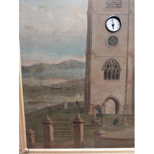 616 - Rare 19th C. oil on canvas depicting church and clock tower with built in clock mounted in gilt fram... 