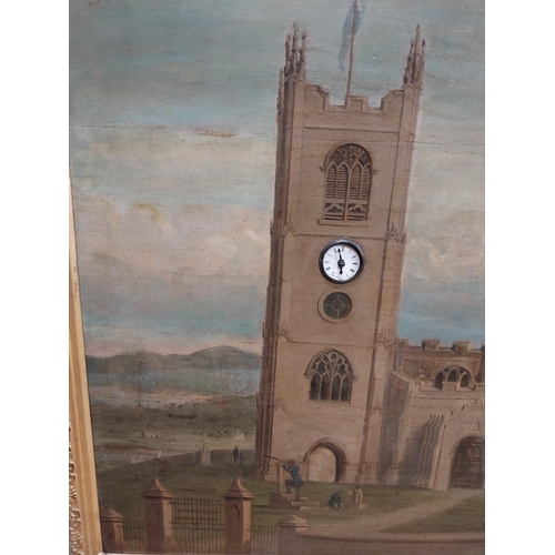 616 - Rare 19th C. oil on canvas depicting church and clock tower with built in clock mounted in gilt fram... 