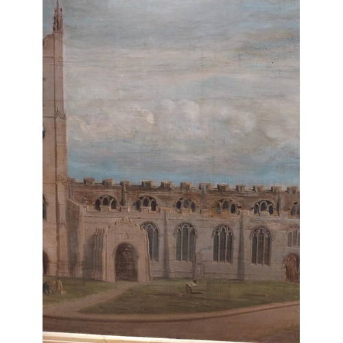 616 - Rare 19th C. oil on canvas depicting church and clock tower with built in clock mounted in gilt fram... 