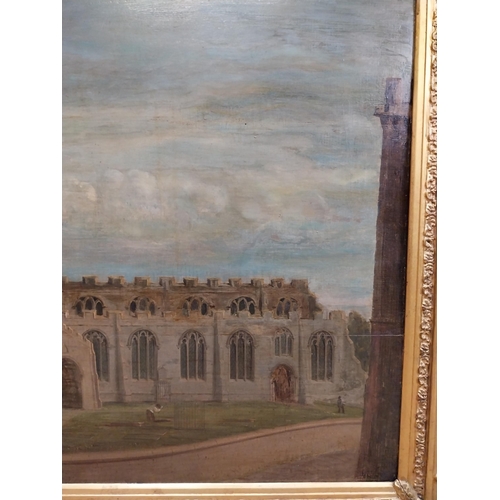 616 - Rare 19th C. oil on canvas depicting church and clock tower with built in clock mounted in gilt fram... 