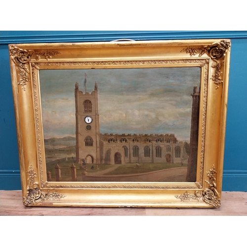 616 - Rare 19th C. oil on canvas depicting church and clock tower with built in clock mounted in gilt fram... 