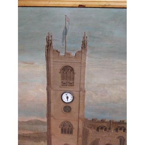 616 - Rare 19th C. oil on canvas depicting church and clock tower with built in clock mounted in gilt fram... 