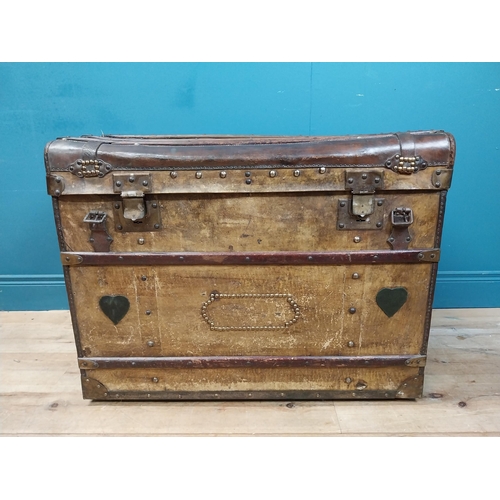 627 - Early 20th C. leather bound marriage chest with heart and studded decoration and initialled V N. {67... 