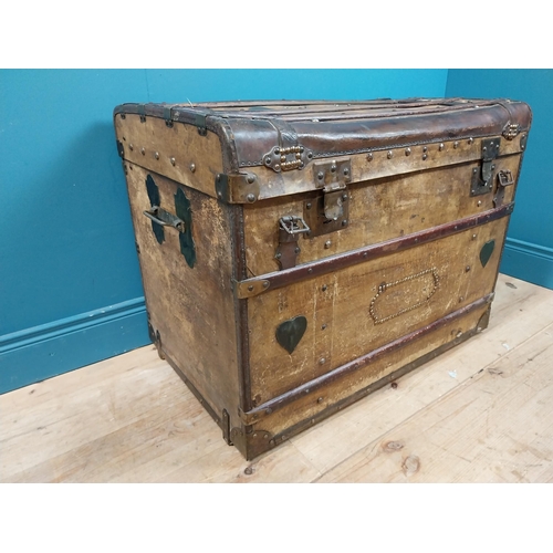 627 - Early 20th C. leather bound marriage chest with heart and studded decoration and initialled V N. {67... 