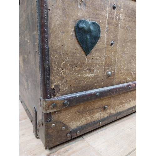 627 - Early 20th C. leather bound marriage chest with heart and studded decoration and initialled V N. {67... 