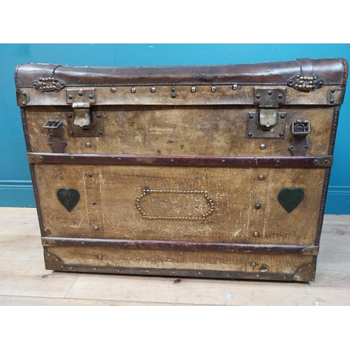 627 - Early 20th C. leather bound marriage chest with heart and studded decoration and initialled V N. {67... 