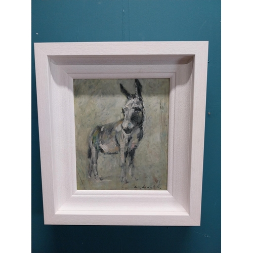 630 - Con Campbell The Donkey framed oil on board. {29 cm H x 24 cm W}.