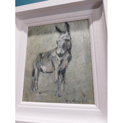 630 - Con Campbell The Donkey framed oil on board. {29 cm H x 24 cm W}.