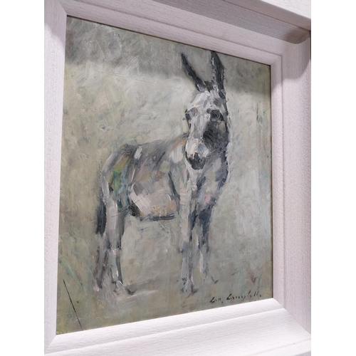 630 - Con Campbell The Donkey framed oil on board. {29 cm H x 24 cm W}.